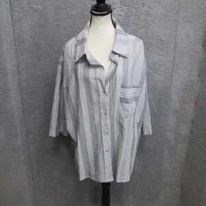 Mainstrip Shirt Womens L Gray Striped 100% Cotton Button Front Oversized Top